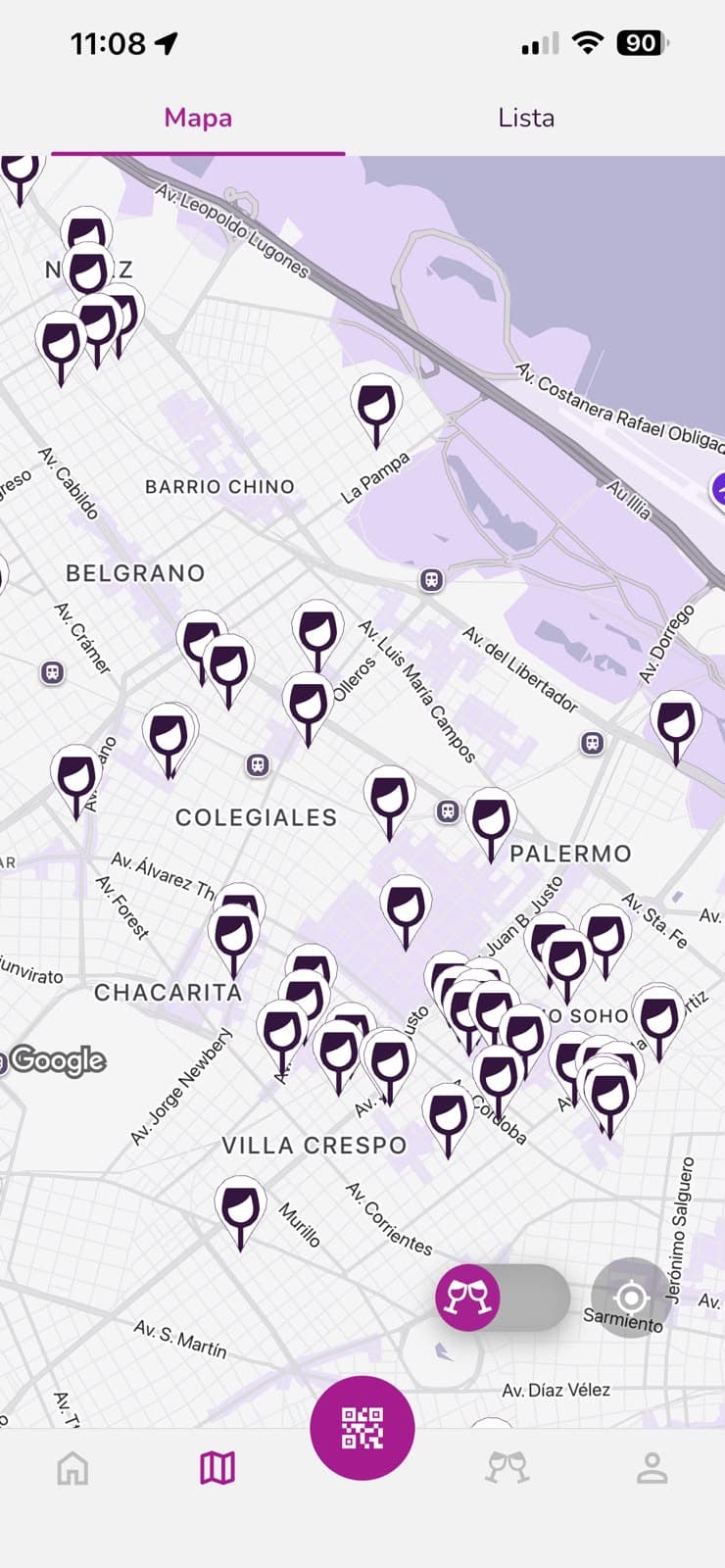 Mapa de locales en la app de Vinitus